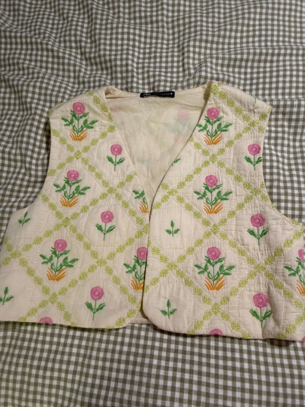 Zara Embroidered Floral Cream Women's Vest - Pink & Green
